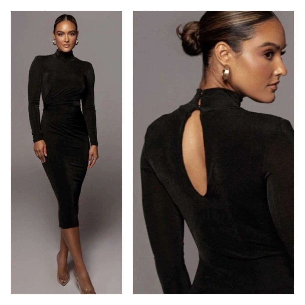 JLuxlabel Black Slinky Ruched Mock Neck Midi Dress Small Long Sleeve Bodycon